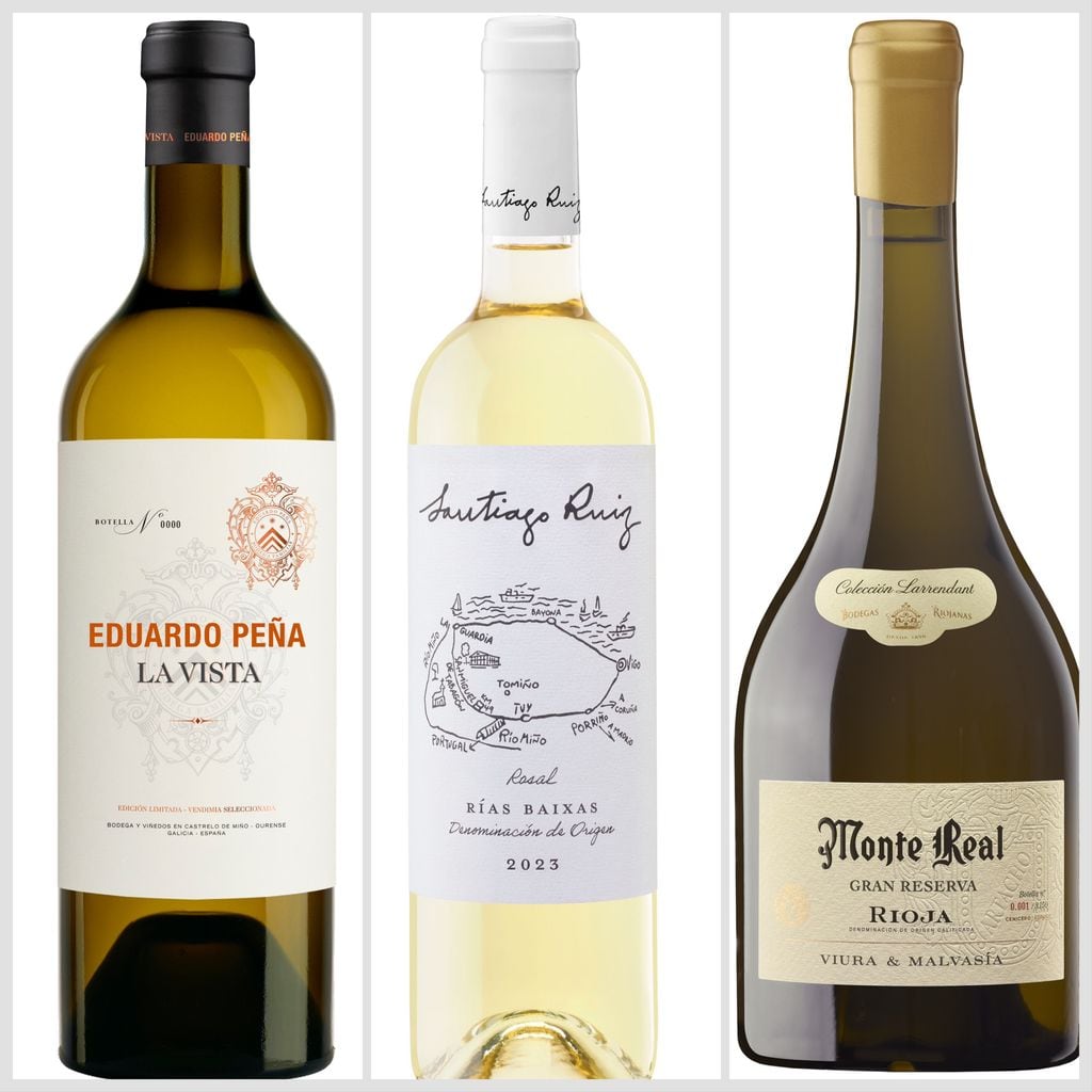 Vinos blancos: Eduardo Peña La Vista 2022; Santiago Ruiz 2023 y Monte Real Colección Larrendant Blanco Gran Reserva