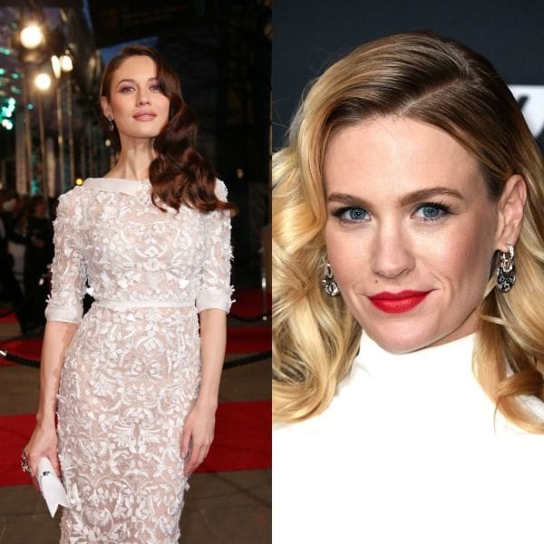 Beauty look de aire nupcial, cortesía de January Jones: bucles dorados en casacada con raya lateral, rouge de labios y pestañas XL.
