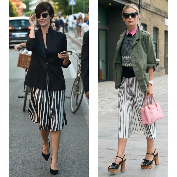 Laura Bailey en la London Fashion Week con falda de tablas de color blanco con rayas verticales en negro en los pliegues del tejido. Los colores complementarios redondean este look que demuestra que las rayas son un básico todoterreno que va con todo: chaqueta militar, jersey de punto y camisa vintage en rosa.
