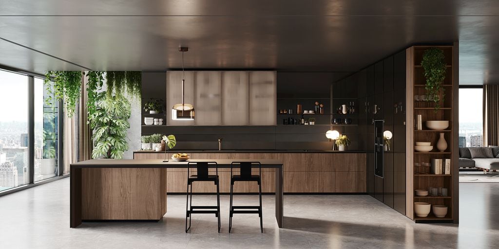 Cocina con madera y mobiliario brillante negro, de Valcucine