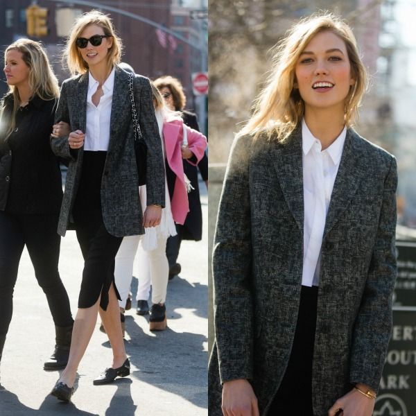 Aire masculino, servido en bandeja por Karlie Kloss, con zapato plano y falda lápiz en color negro, y abrigo gris jaspeado sobre una camisa sin adornos. Alexa Chung también le pone un toque extra femenino a su camisa blanca con una lazada bajo la barbilla. El resto de su look está compuesto de básicos: chaqueta corta negra, 'mini' sastre en gris y minibolsito, además de babuchas. Emma Watson, la más sexy de las tres, con un esmoquin femenino y camisa con cuello cerrado.
