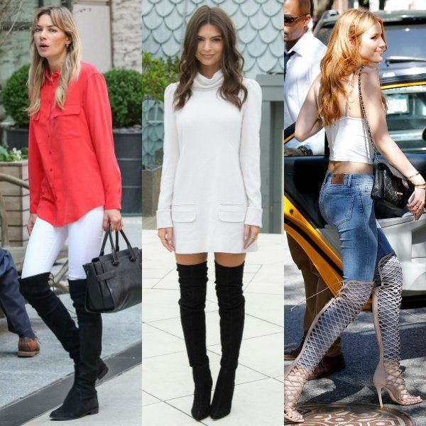 Las botas a medio muslo son una de las tendencias de la temporada aunque son las más difíciles de llevar: lo mejor es reducir el resto de accesorios a la mínima expresión y apostar por looks en tonos neutros y lisos. Como la camisa coral con pantalones blancos de Jessica Hart o el little white dress de Emily Ratajkowski. Bella Thorne es la que más arriesga, con unas botas-jaula sobre vaqueros.
