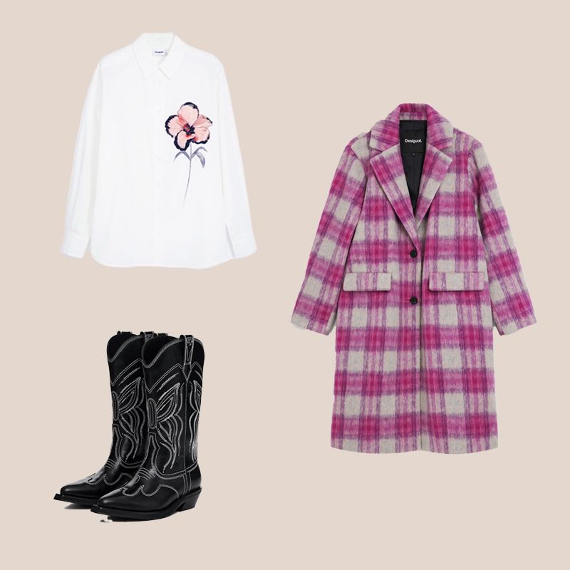 abrigo rosa de tartan con camisa con flor y botas cowboy