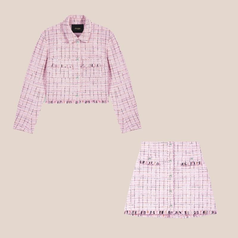 minifalda y chaqueta de cuadros rosa