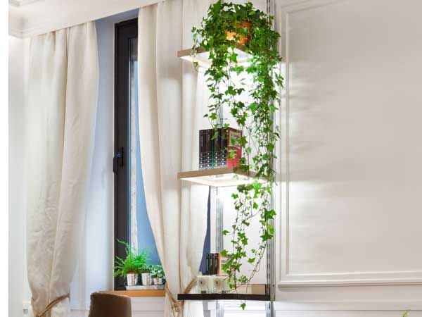 Las plantas colgantes aumentan la altura de las estanterías donde están situadas, al mismo tiempo que crean la ilusión de un jardín en vertical. Ambiente de Iri Interiorismo en Casa Decor 2015.
