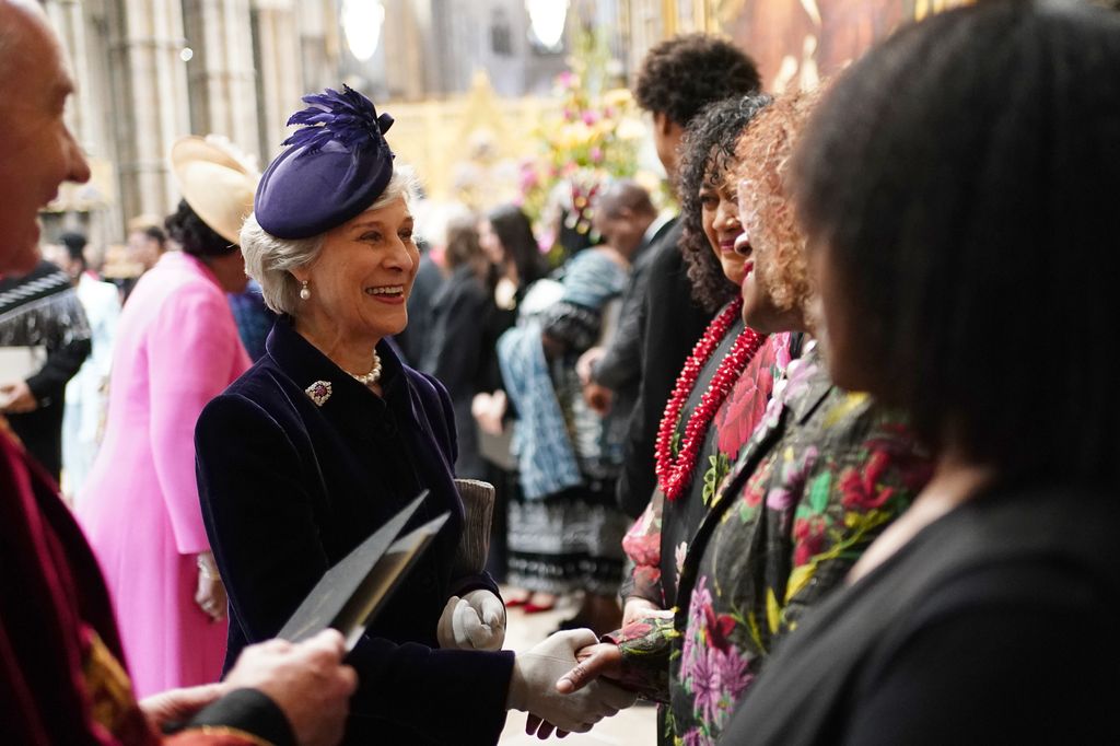 The Duchess of Gloucester meeting performers at the end of the annual Commonwealth Day Service of Celebration at Westminster Abbey, in London. Picture date: Monday March 10, 2025. *** Local Caption *** .