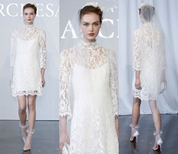 Vestido de novia a medio muslo con velo a la rodilla. De Marchesa. 