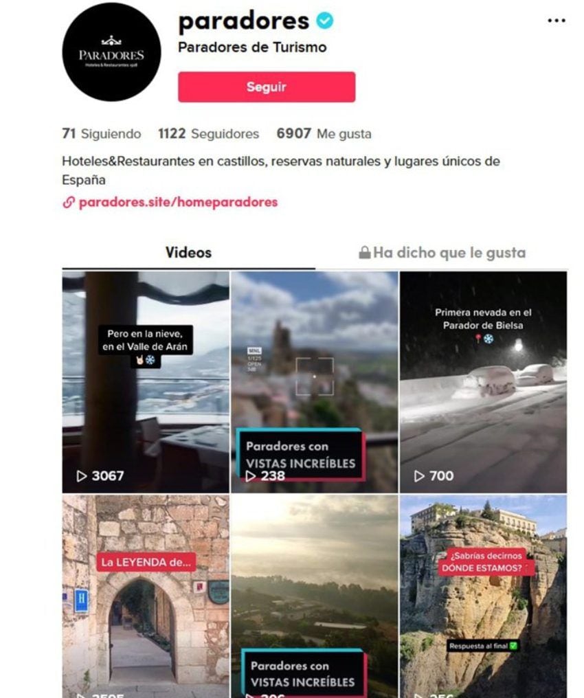 Cuenta de TikTok de @paradores para promocionar sus establecimientos entre los jóvenesCuenta de TikTok de @paradores para promocionar sus establecimientos entre los jóvenes