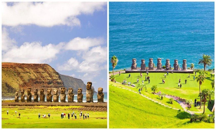 estatuas moai en la isla de pascua y su replica en japon