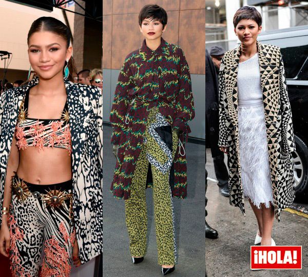 Este abrigo con geometrías es de Fausto Puglisi y Zendaya lo llevó a la edición de febrero de la fashion week de Nueva York, combinado con una falda blanca de plumas.
