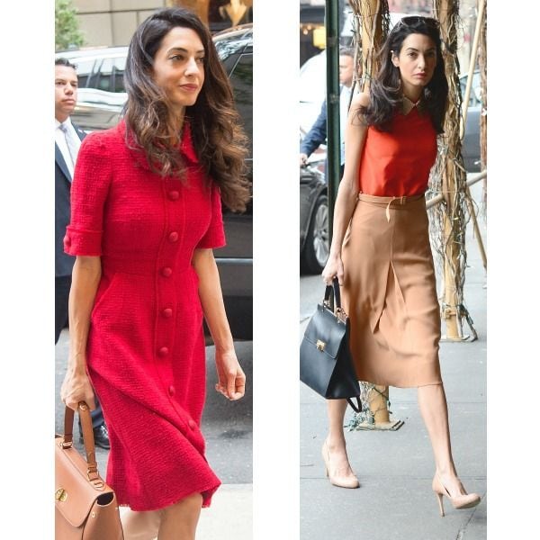 El color block está permitido en las nuevas normas de estilo del power dressing. Amal Clooney lo usa a menudo, incluido este look de 10 con camisa butano con cuello en pico desmontable en color maquillaje a juego con la falda lápiz y el tacón.
