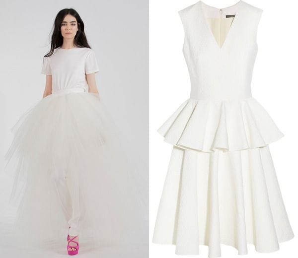 Vestido blanco con volantes péplum, con largo a la rodilla, mezcla de algodón, lana y seda, de Alexander McQueen. Vía Net-a-porter. 