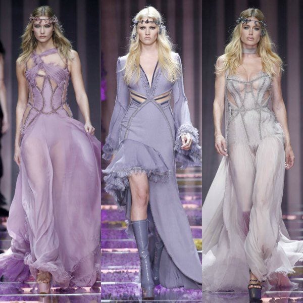 Tres de las tops que acudieron a la llamda de Donatella Versace para desfilar en el pase de Versace Atelier: Lara Stone, Karlie Kloss y Doutzen Kroes.
