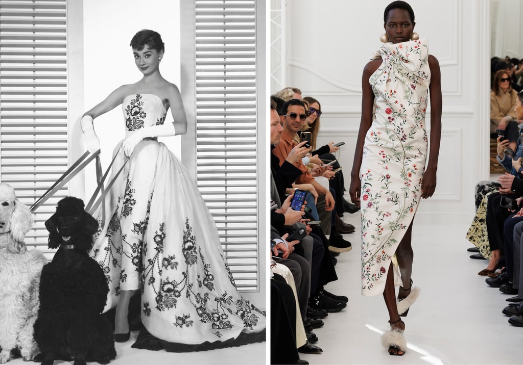 Aundrey Hepburn in "Sabrina"and Sarah Burton's floral proposal for autumn/winter 2025