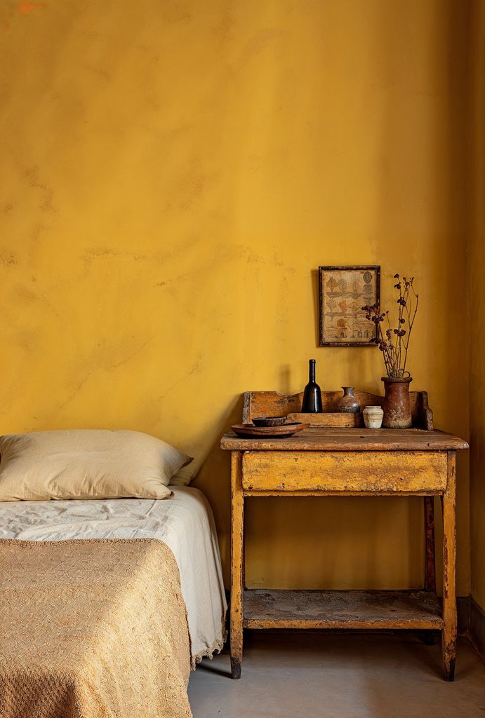 Dormitorio con pared en color mostaza