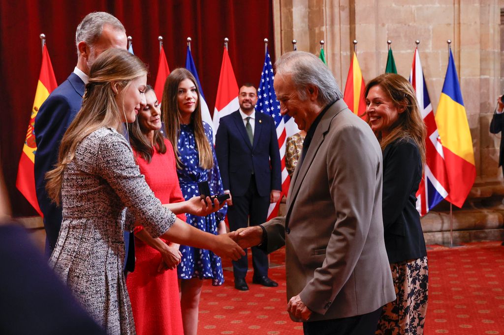 Joan Manuel Serrat,Spanish King Felipe VI and Queen Letizia with Princess of Asturias Leonor de Borbon and Infant Sofia de Borbon during an audience with the awarded the Princess of Asturias awards 2024 in Oviedo, on Friday 25 October 2024.