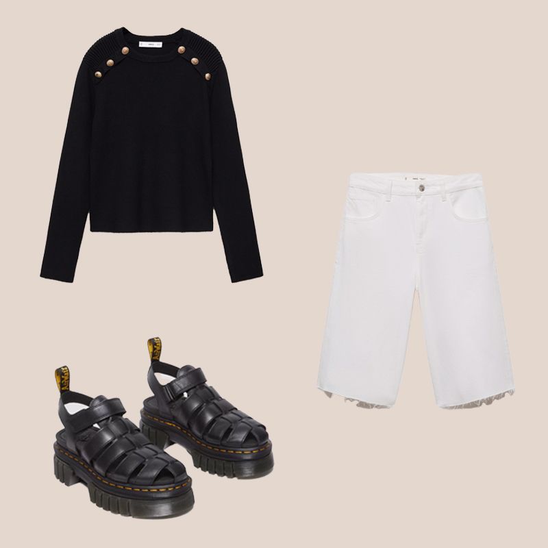 bermudas denim blancas con jersey negro y sandalias fisherman