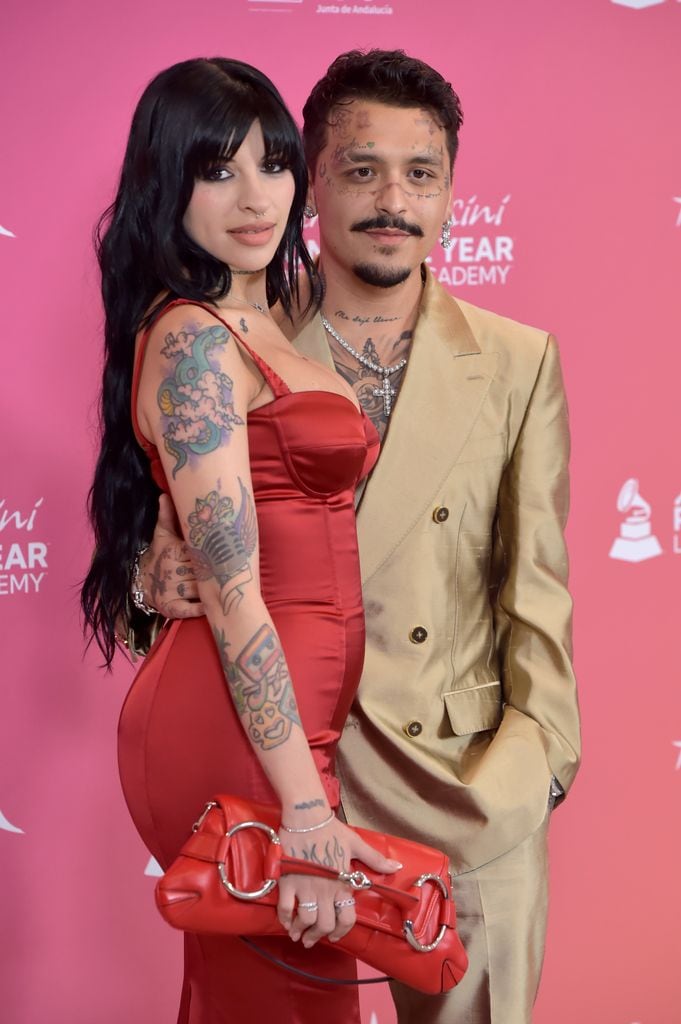 SEVILLE, SPAIN - NOVEMBER 15: (L-R) Cazzu and Christian Nodal attends The Latin Recording Academy's 2023 Person of the Year Gala Honoring Laura Pausini at FIBES Conference and Exhibition Centre on November 15, 2023 in Seville, Spain. (Photo by Juan Naharro Gimenez/Getty Images)