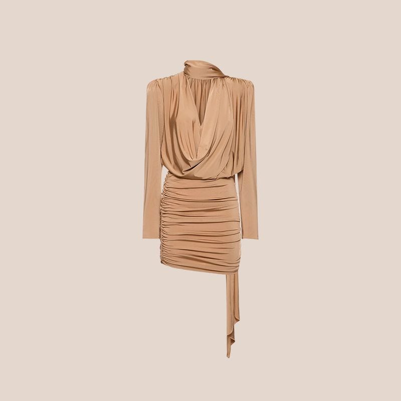 vestido drapeado beige