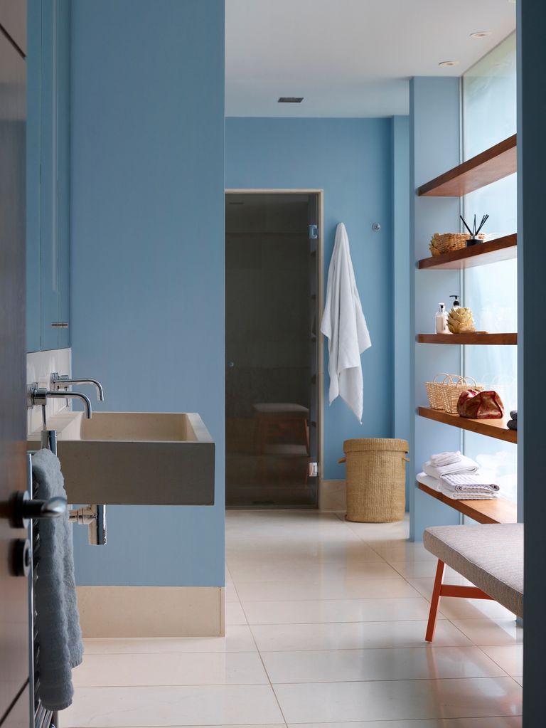Baño con las paredes pintadas de azul. 