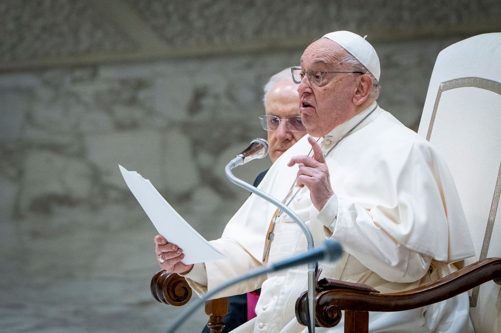 VATICAN - 2025/01/15: Pope Francis delivers his speech during his traditional Wednesday General Audience at Paul VI Audience Hall. (Photo by Stefano Costantino/SOPA Images/LightRocket via Getty Images)