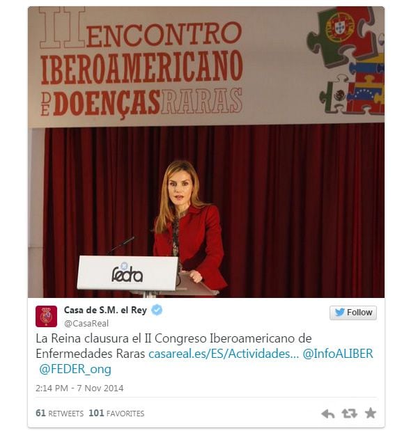 En otra viaje al extranjero, en esta ocasión a Portugal, donde acudió a clausurar el II Congreso Iberoamericano de Enfermedades Raras, la Reina también quiso dirigirse a los asistentes en su lengua materna a los que sorprendió hablando en un portugués con una muy buena pronunciación 