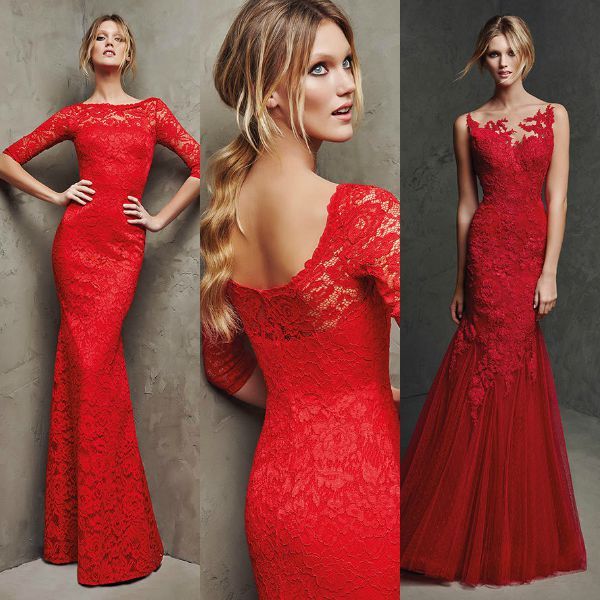 Todo al rojo: diseños de encaje de la colección cóctel 2016 de Pronovias. El último diseño, de estilo helénico, pertenece a la actual colección primavera-verano de la firma.
