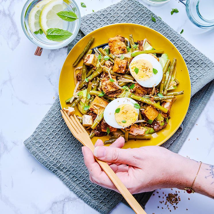 wok de judias verdes tofu y huevo