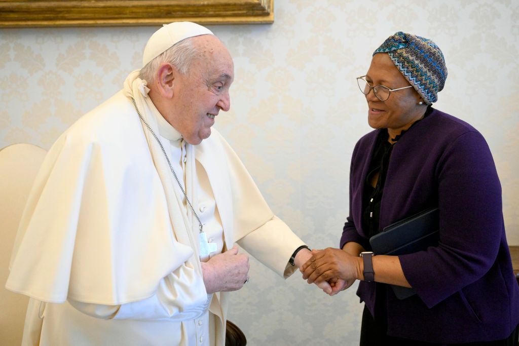 VATICAN CITY, VATICAN - JANUARY 16:  (EDITOR NOTE: STRICTLY EDITORIAL USE ONLY - NO MERCHANDISING). Pope Francis meets with Ambassador Nosipho Nausca-Jean Jezile, South Africa's Ambassador to Rome and the UN Food and Agriculture Organization, during an audience at the Apostolic Palace on January 16, 2025 in Vatican City, Vatican. (Photo by Vatican Media via Vatican Pool/Getty Images)