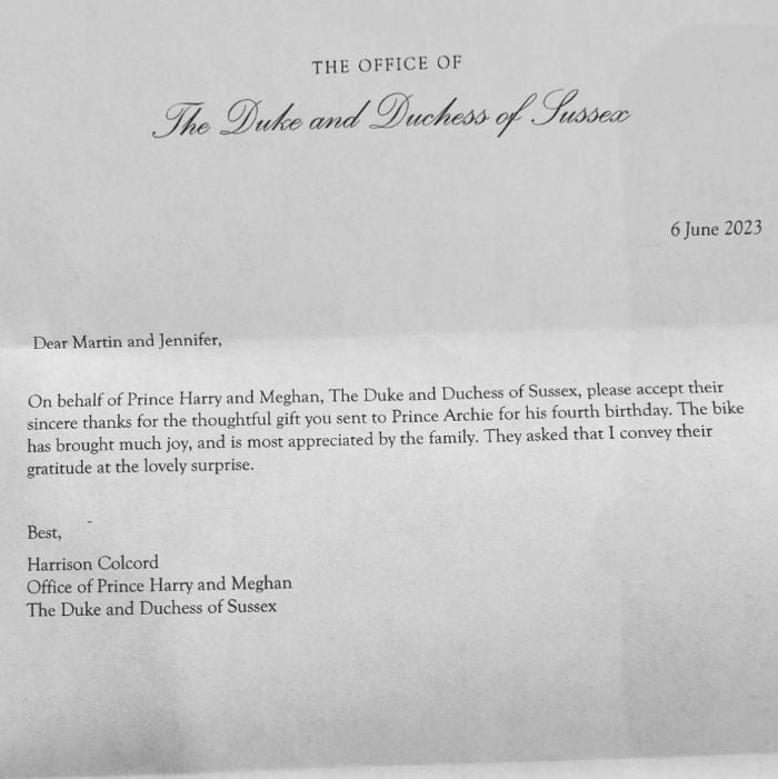 Carta de agradecimiento de los duques de Sussex
