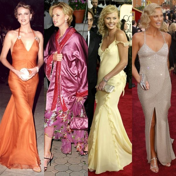 El estilo de Charlize Theron no siempre ha ido pegado a las rabiosas tendencias de Costura: antes de ganar el Oscar en 2004, y de que las firmas se la rifasen y pasase a ser embajadora de Dior, su estilo de alfombra roja siguió durante mucho tiempo las tendencias de los años 90, con vestidos slip on como el de la izquierda en naranja, de Vera Wang, o los dos looks de la derecha, en el año en que le llovieron las nominaciones por 'Monster', la película que marcó un punto de inflexión en su carrera y también en su armario.
