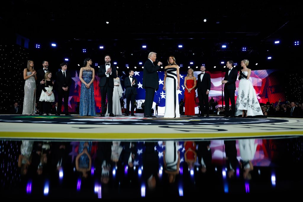 WASHINGTON, DC - JANUARY 20: (L to R) Vice President JD Vance, Usha Vance, Tiffany Trump, Michael Boulos, Melania Trump, President Donald Trump, Lara Trump, Eric Trump, Ivanka Trump and Jared Kushner at the Liberty Ball on January 20, 2025 in Washington, DC.  President Trump attends some of the inaugural balls after taking the oath as the 47th president. (Photo by Anna Moneymaker/Getty Images)