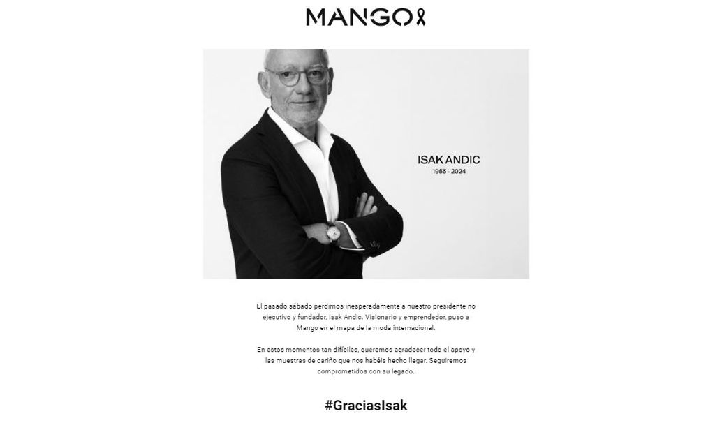 Mango se despide de su fundador Isak Andic con un emotivo mensaje de agradecimiento