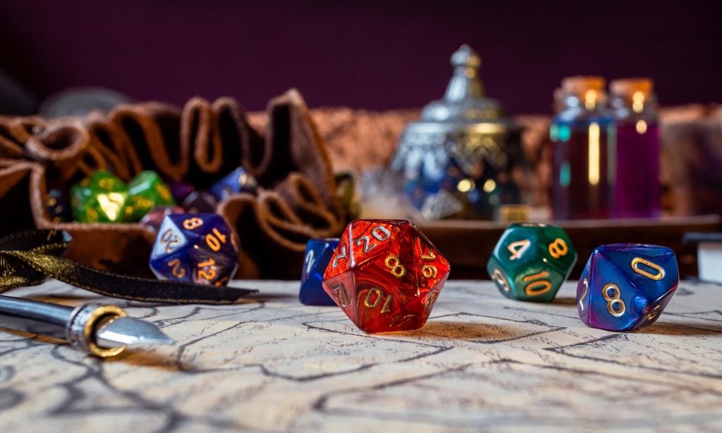 close up of a red d20 and d10