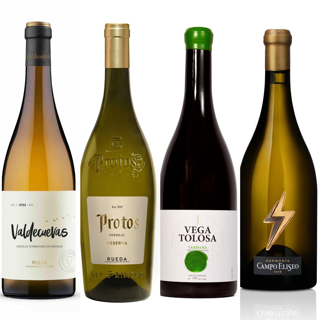 Vinos blancos: Valdecuevas fermentado en barrica, Protos Verdejo Reserva, Vega Tolosa Tardana y Campo Elíseo Harmonia Sauvignon Blanc 2022.