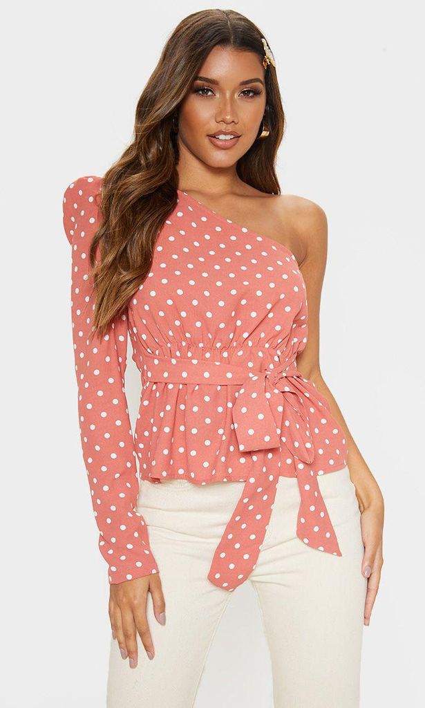 peach polka dot one shoulder belted blouse de pretty little thing