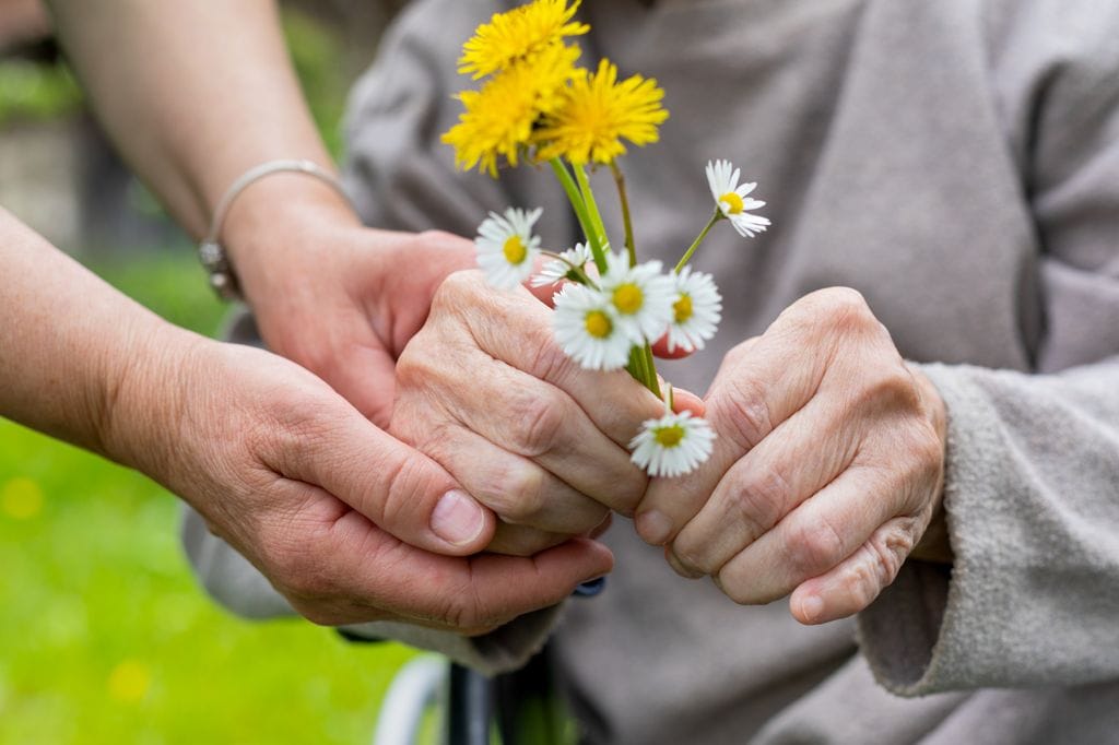 mujer sujetando las manos de una persona anciana que sujeta flores