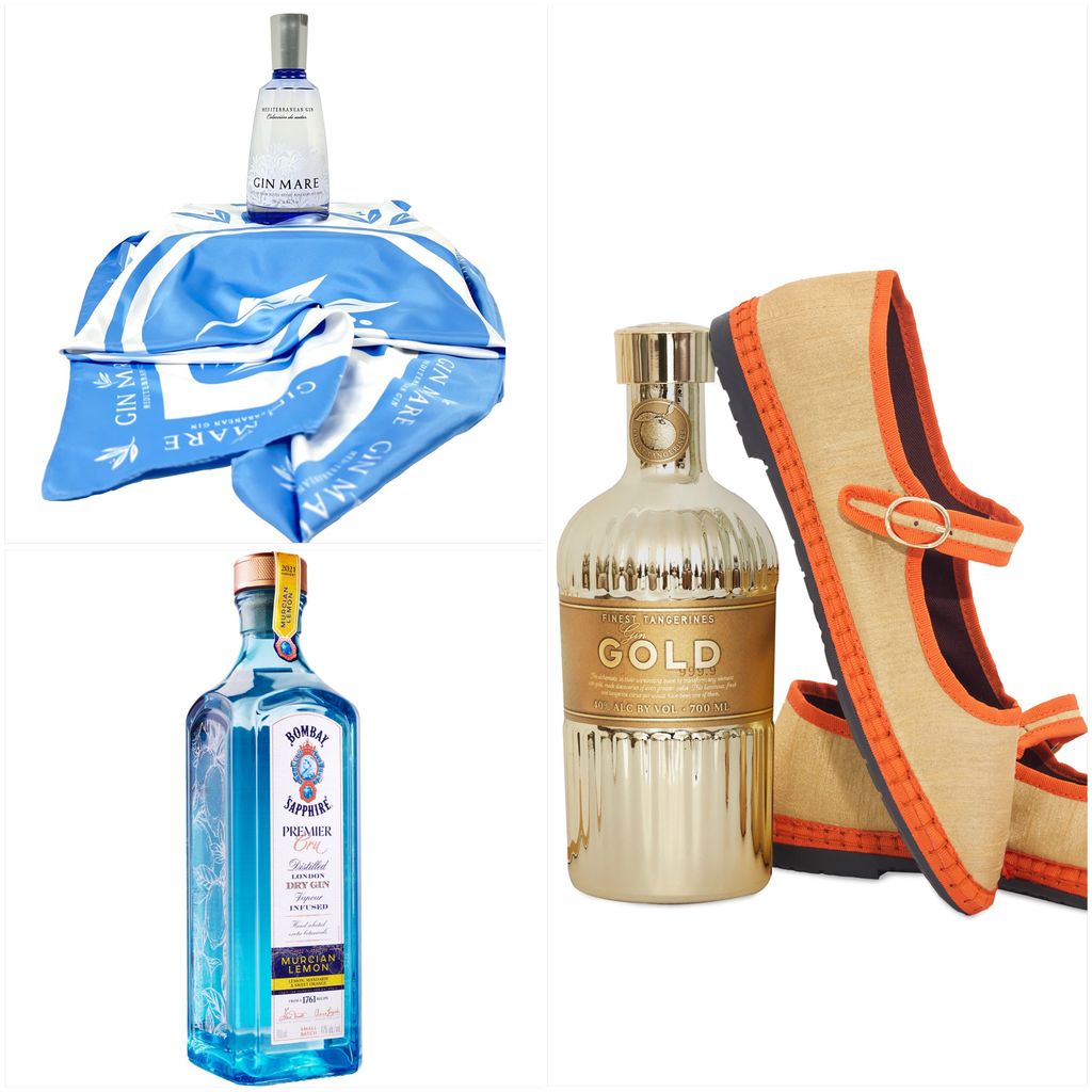 Ginebras: Gin Mare con pañuelo, Gin Gold con zapatos Mary Jane de Flabelus y Bombay Sapphire Premier Cru