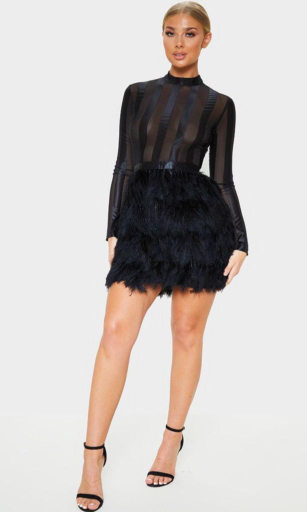 fawn black feather skirt bodycon dress de pretty little thing