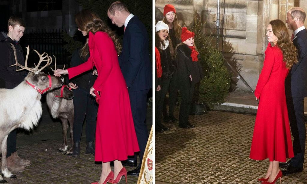 
La duquesa, vestida de rojo, dando el pistoletazo de salida a la Navidad en la abadía de Westminster, entre renos y villancicos y arropada por su familia.
