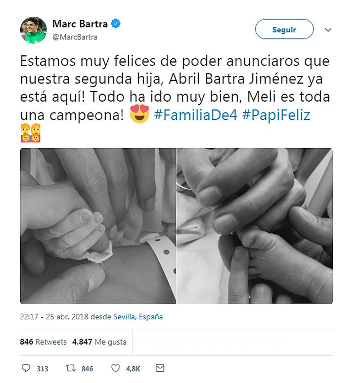 Marc Bartra y Melissa Jimenez ya son padres de su segunda hija