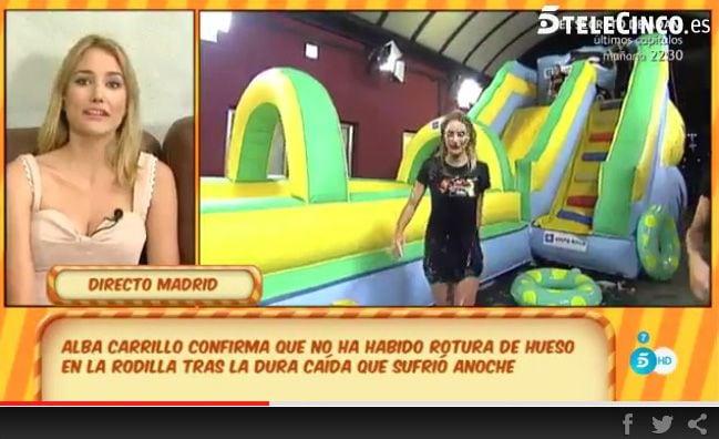 La modelo, que también tiene varias heridas en sus manos y codos, contó que se había reído mucho viendo su caída. “El próximo lunes yo voy a trabajar aunque sea a rastras porque me lo paso tan bien en el programa y mis compañeras son tan geniales que iré como sea”, afirmó. Al ser preguntada sobre si Feliciano López se había interesado por ella tras la caída, Alba contestó con una sonrisa
