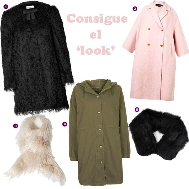 1.Abrigo de pelo negro, de Red Valentino (440 €); 2. Abrigo rosa con doble botonadura, de Rochas (1.192 €); 3. Estola de pelo blanca, de Stradivarius (5,99 €); 4. Parka khaki, de Topshop (65 €); Y, 5. Estola de pelo de oveja, de Paul Smith para Asos (212,86 €).
