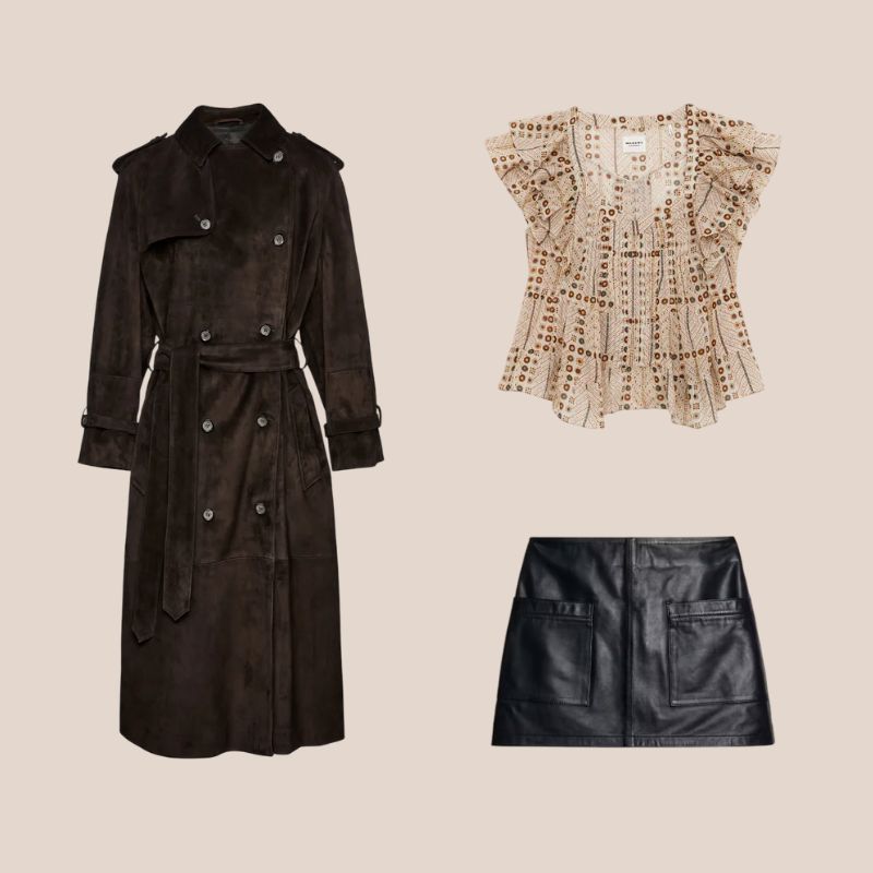 trench de ante, falda de cuero y blusa