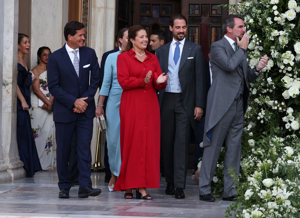 Felipe de Grecia, Nina Flohr, Nicolás de Grecia, Carlos Morales y Alexia de Grecia salen de la Catedral de Atenas donde han asistido al enlace matrimonial entre Teodora de Grecia y Matthew Kumar, a 28 de septiembre de 2024, en Atenas (Grecia)