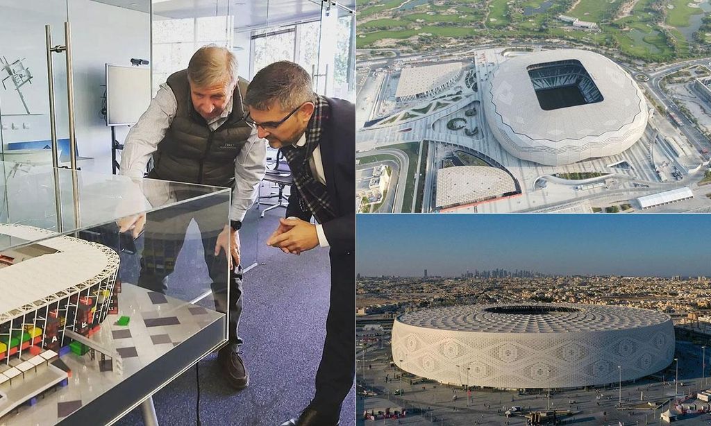 A la izquierda, Mark Fenwick, mirando la maqueta del estadio 970, del Mundial de Catar. A la derecha, otros dos de los coliseos diseñados por el tío de Iñigo Onieva, el Qatar Foundation y el Al Thumana.