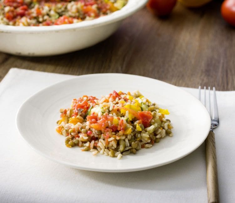 Arroz integral, lentejas y verduras al vapor