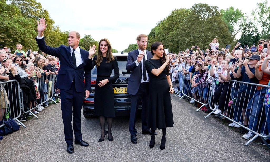 Catherine, Princess of Wales, Prince William, Prince of Wales, Prince Harry, Duke of Sussex, and Meghan, Duchess of Sussex on the long Walk at Windsor Castle on September 10, 2022 in Windsor, England.