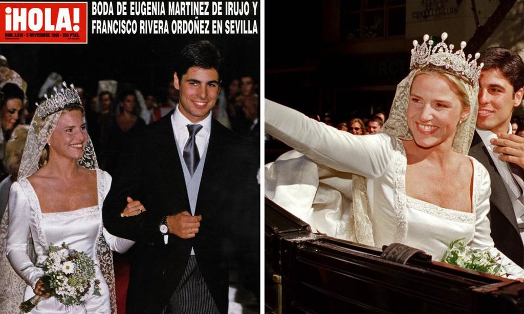 
Eugenia Martínez de Irujo y Francisco Rivera, el día de su boda, en 1998. La duquesa de Montoro llevó la diadema imperial de su madre, que ahora es de su propiedad.
