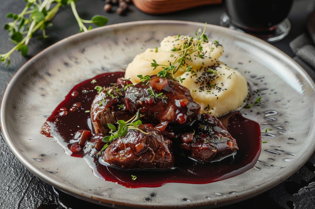 Carrilleras de cerdo en salsa con puré de patata